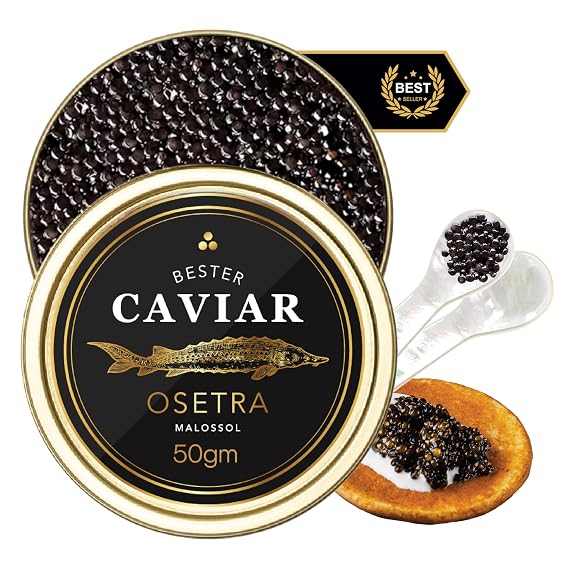 BESTER CAVIAR Premium Osetra Sturgeon Caviar Traditionally Harvested Malossol Ossetra Black Roe with Mother of Pearl Spoon Single Tin (1.76 oz)