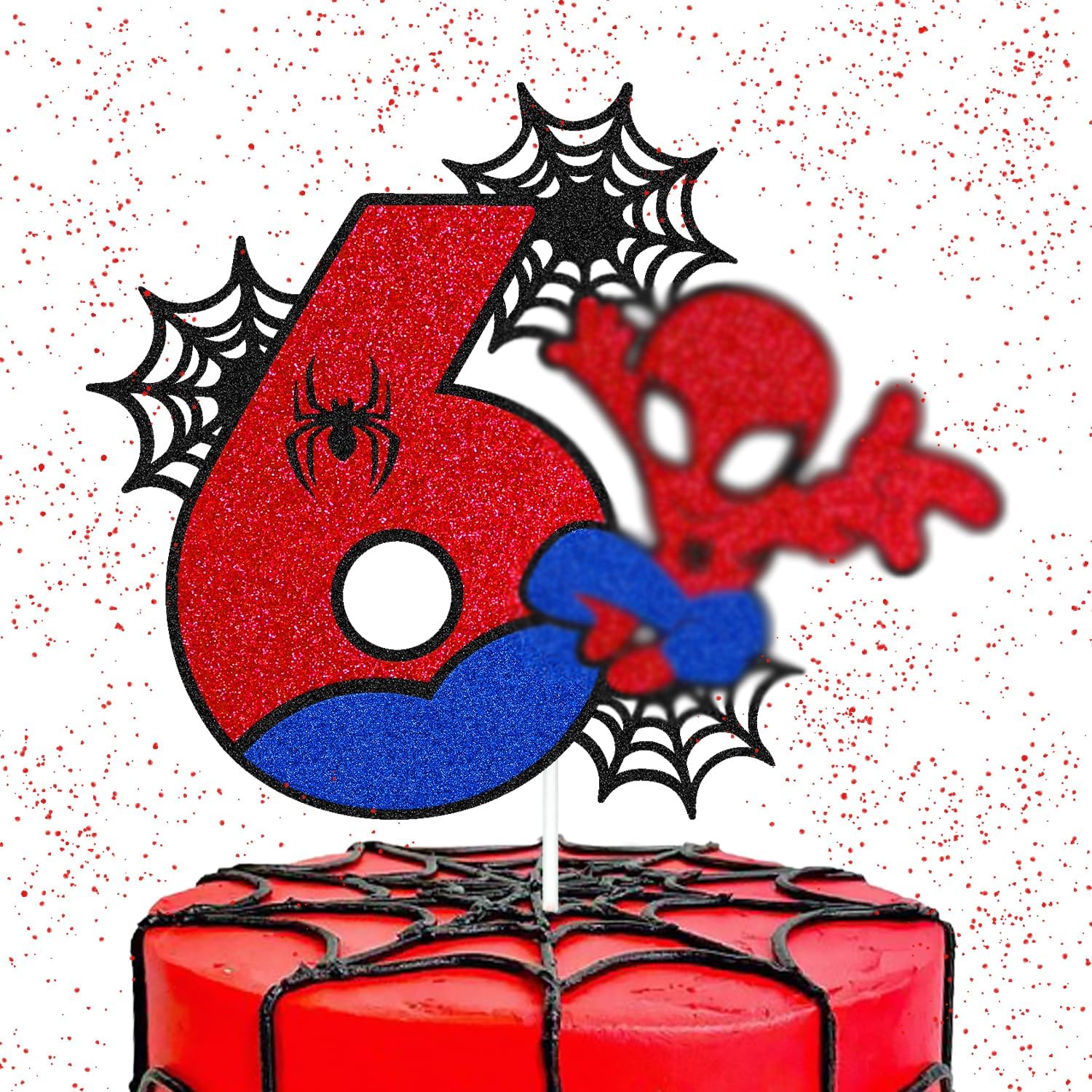 Spider 6th Birthday Cake Topper Spider Cartoon Movie Themed Happy 6s Birthday Cake Decorations for Men Boy Children Six Bday Party Supplies Double Sided Glitter Black Decor