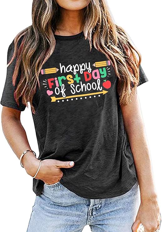 FAYALEQ Happy First Day of School Shirt for Women Math Teacher Shirts
