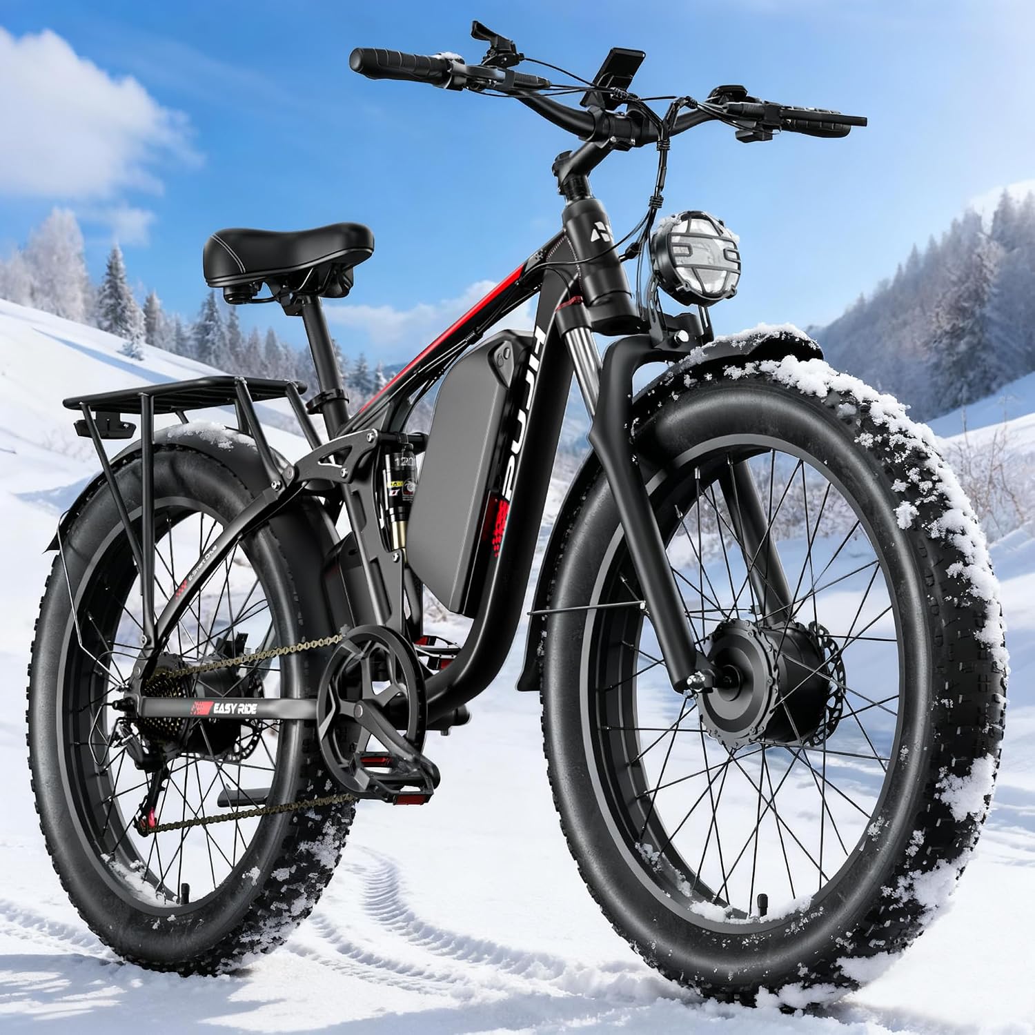 Electric Bike, 52V 25Ah 3000W Dual Motors, 24 Fat Tires Fast 38mph, 40-110 Mile Range Full Suspension Hydraulic Brakes Class 3 Ebike for Off-Road, Mountain Riding Adventures