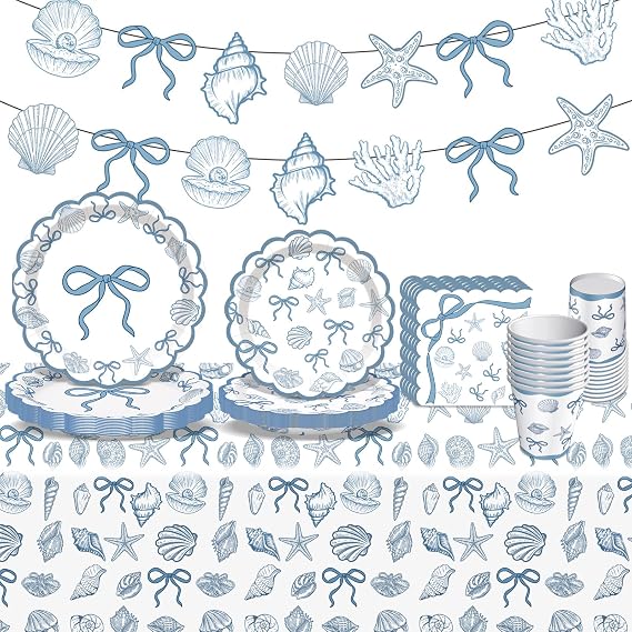 Seashell Party Decorations Ocean Sea shell Party Plates Supplies Blue Bow Seashell Paper Plates Napkins Tablecloth for The Summer I Turned Pretty Party Decorations, Serves 24