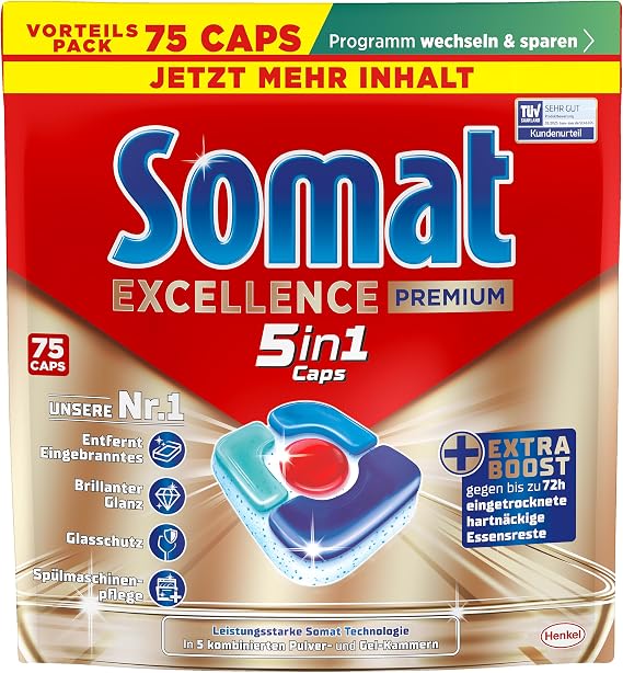 SOMAT Excellence Premium 5-in-1 Caps (75), Quick Dissolving Dishwasher Tablets with Extra Boost, Also in Low Temperature, Short and Eco Program, Remove Even 72 Hours Dried Food Scraps