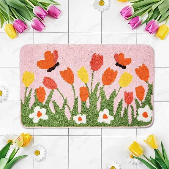 Spring Bath Mat Flower Bathroom Rug Tulips Home Decor Indoor Bathroom Mat Doormats 17 x 27 Inch for Tub Home Living Room