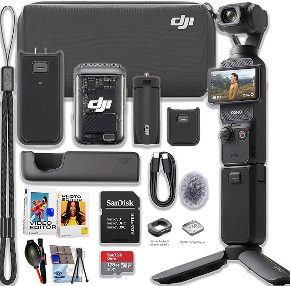 DJI Osmo Pocket 3 Creator Combo Bundle with Clip-On Transmitter/Recorder, Wide Angle Lens, Battery Handle, Mini Tripod, Carrying Bag + 128GB Ultra Micro SD Card, Cleaning Kit