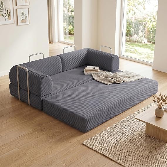 GRAVFORCE Convertible Sofa Bed Comfy Corduroy Boneless Sofa with Metal Frame Modular Sectional Folding Mattress Sofa Bed for Small Spaces Livingroom Dark Gray 178cm Medium Size