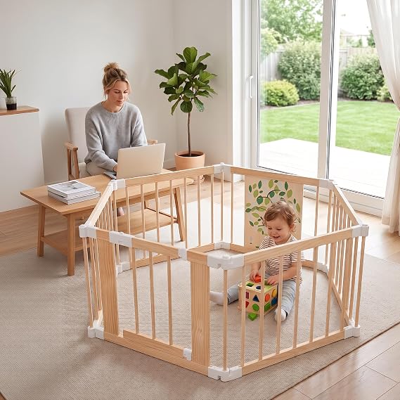 Wooden Baby Playpen with Child Safety Lock, 6-Panel Adjustable Foldable Play Yard for Toddlers, Tree Activity Board Montessori Playpen, Portable Indoor Baby Fence & Activity Center for Infant