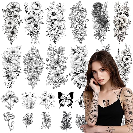 26 Sheets Flower Temporary Tattoos Adult - Large Sleeve Fake Tattoos Realistic for Women, 3D Sunflower Rose Snake Tatoo Stickers Body Art Arm Neck