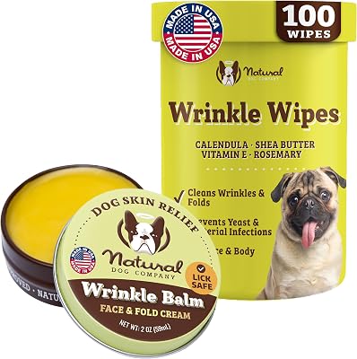 Natural Dog Company Wrinkle Balm & Wrinkle Wipes Bundle Hypoallergenic Wipes & Dog Lotion for Dry, Itchy Skin, Yeast Infection Treatment French Bulldog Care 100 Wipes  2 oz Tin