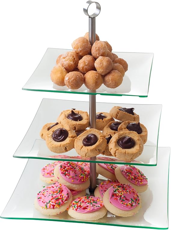 Home Dess Chef Buddy Three Tier Square Glass Buffet and Dessert Stand, 1 Pack, Clear