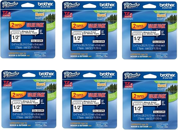 Brother Genuine P-touch, TZE2312PK, 1/2" (0.47") Standard Laminated P-Touch Tape, Black on White, Laminated for Indoor or Outdoor Use, Water Resistant, 26.2 Feet (8M),12 count (Pack of 6)