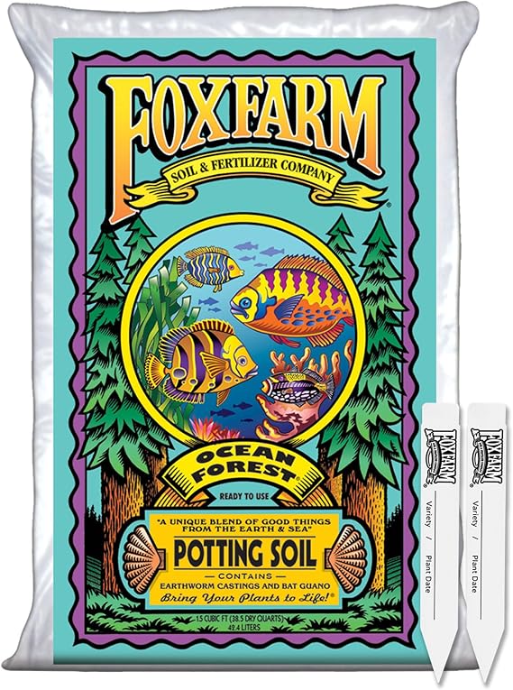 FoxFarm Ocean Forest Potting Soil with 2 Plant Tags, 1.5 cu ft Light, Aerated Texture for All Container Plants