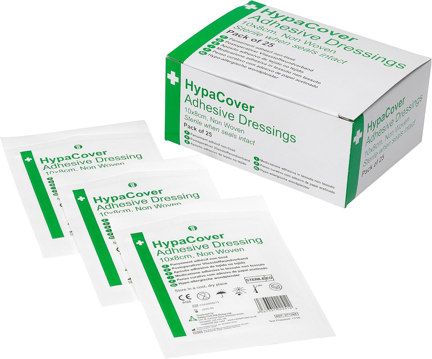 Safety First Aid Group HypaCover Adhesive Dressings for Wounds, Large 10cm x 8cm Pack of 25 - Hypoallergenic and Sterile
