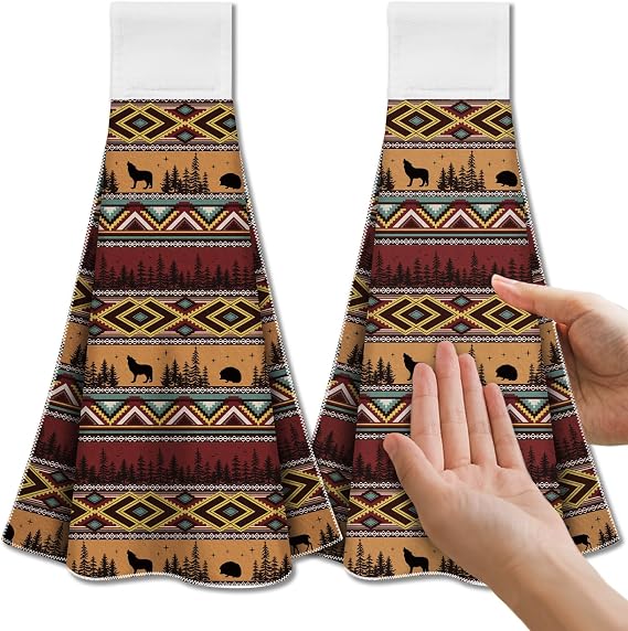 CUTHOLLOW Hanging Kitchen Towels Set of 2 Retro Pattern Tea Towel with Hanger Soft & Absorbent Microfiber Towels Tea Towels for Kitchen Bathroom or Oven Handle Bar