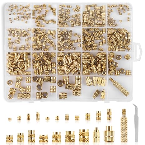 Threaded Inserts Assortment Kit 465 PCS, Premium Brass Heat Inserts Set, M2 M2.5 M3 M4 M5 M6 Metric Knurled Nuts with Heat Set Insert Tips, Ideal for 3D Printers & Plastics & DIY