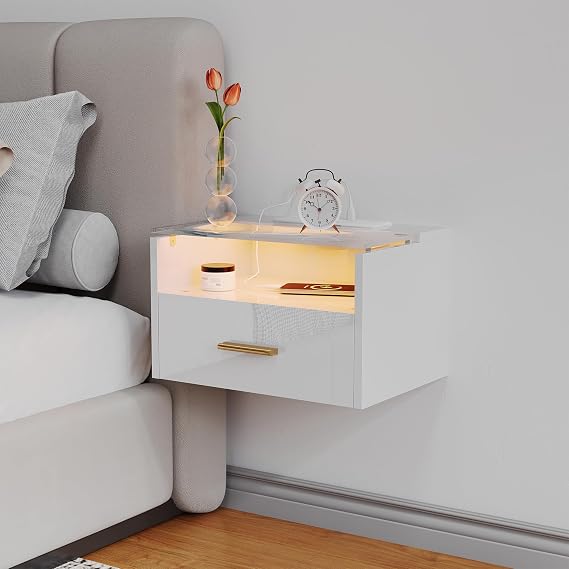 Floating Bedside Table with RGB LED Lighting & 2 AC Outlets/2 USB Ports, Floating Nightstand with 1 Drawer & 1 Tempered Glass Shelf, Space-Saving And Versatile for Bedroom & Living Room (1pcs,White)