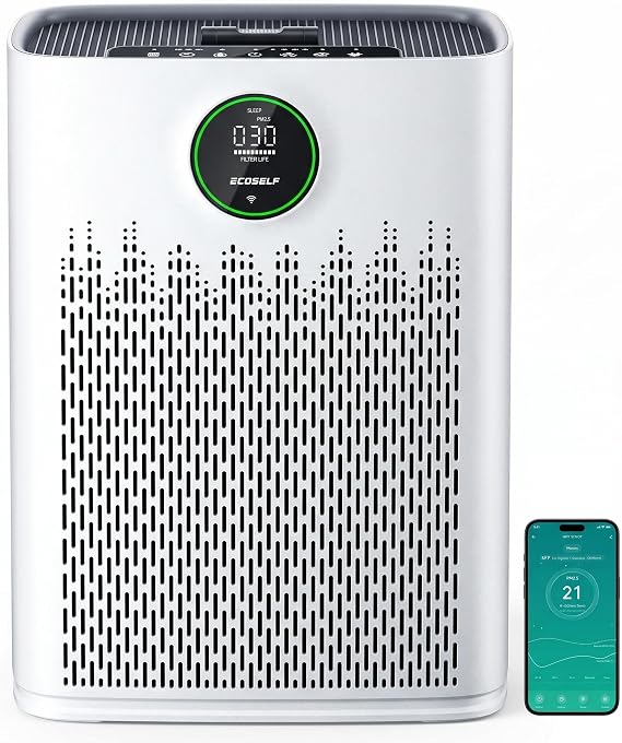 ECOSELF Smart Air Purifier for Home Large Rooms, with WiFi Control, Covers Up to 2400 Ft2, Smart Mode, AQI Display, 22dB Sleep Mode with 2X-Power Filtration, HAP603WF, White