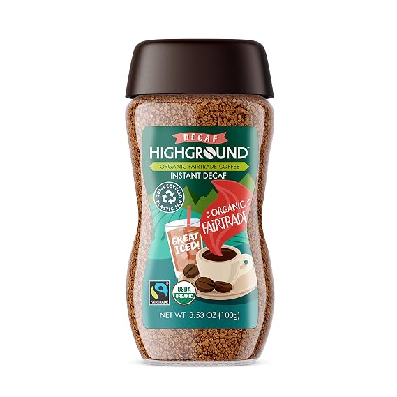 Highground Organic Instant, Decaf Coffee, 3.53 Oz | BPA Free | Vegan | Kosher | USDA Organic | Sugar Free | 30% Recycled Plastic Jar