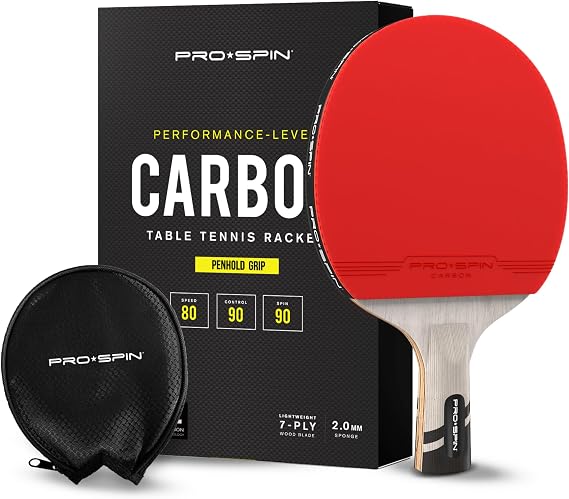 PRO-SPIN Table Tennis Bat with Carbon Fibre | Penhold Grip | Elite Series 7-Ply Blade, Premium Rubber, 2.0mm Sponge & Rubber Protector Case