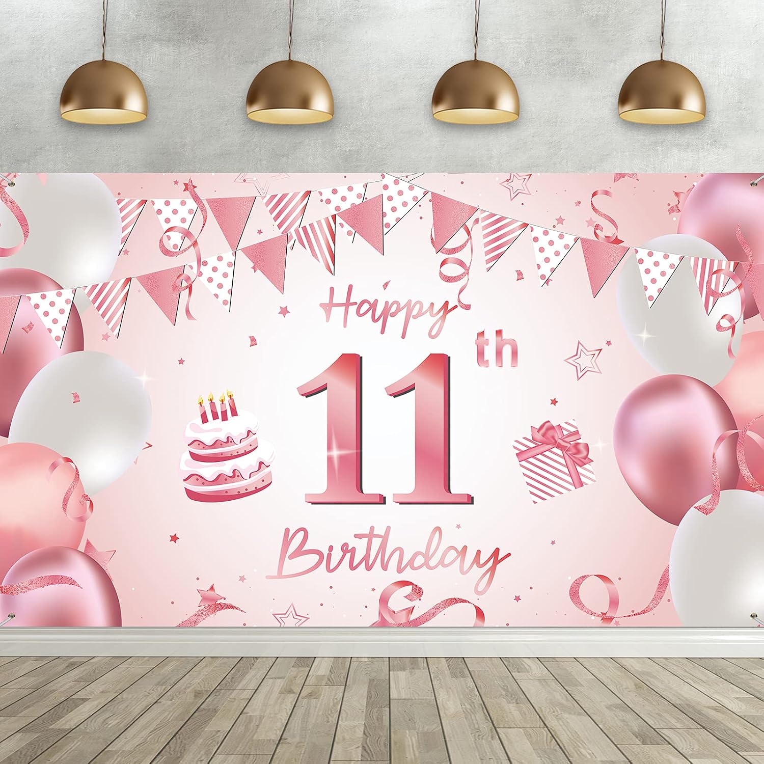 Happy 11th Birthday Banner, 11th Birthday Party Backdrop Extra Large Pink Rose Gold Decorations Photo Booth Background for Girls Birthday Party Supplies, 72.8 x 43.3 Inch