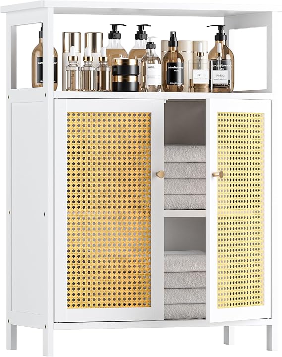 HITNET Rattan Bathroom Storage Cabinet, Bamboo Floor Cabinet with 2 Doors and Open Shelf, Freestanding Cupboard for Living Room, Entryway, Kitchen, White