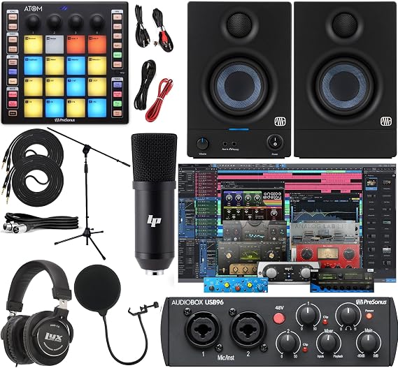 PreSonus AudioBox 96 Audio Interface (May Vary Blue or Black) Full Studio Bundle with Studio One Artist Software Pack, ATOM MIDI/Production Pad Controller, Eris E3 Pair Monitors & Instrument Cables