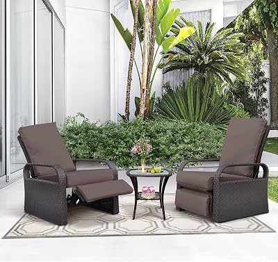 ATR ART TO REAL Outdoor Recliner, Set of 2 Wicker Reclining Chair with Coffee End Side Table, Aluminum Frame Patio Chaise Lounge Chairs with Thicken Cushions Brown