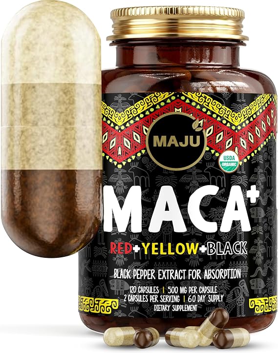 Maju Superfoods 4-in-1 Maca Root Capsules, Organic Black, Yellow & Red Roots w Black Pepper Extract for Absorption (120 ct) | Peru Product, Peruvian Powder, Men & Women Supplement, 60,000 mg