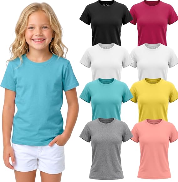 MISS POPULAR Girls' 8-Pack Super Soft Polycotton Short Sleeve Crew Neck T Shirts, Assorted Color Solid Tees