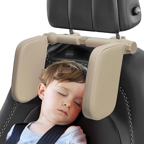 Car Headrest Pillow, Adjustable Head Rest Pillow for Car Seat, Head Neck Support for Kids Adults Travel Sleeping, Fit for Headrest with Poles (Beige)
