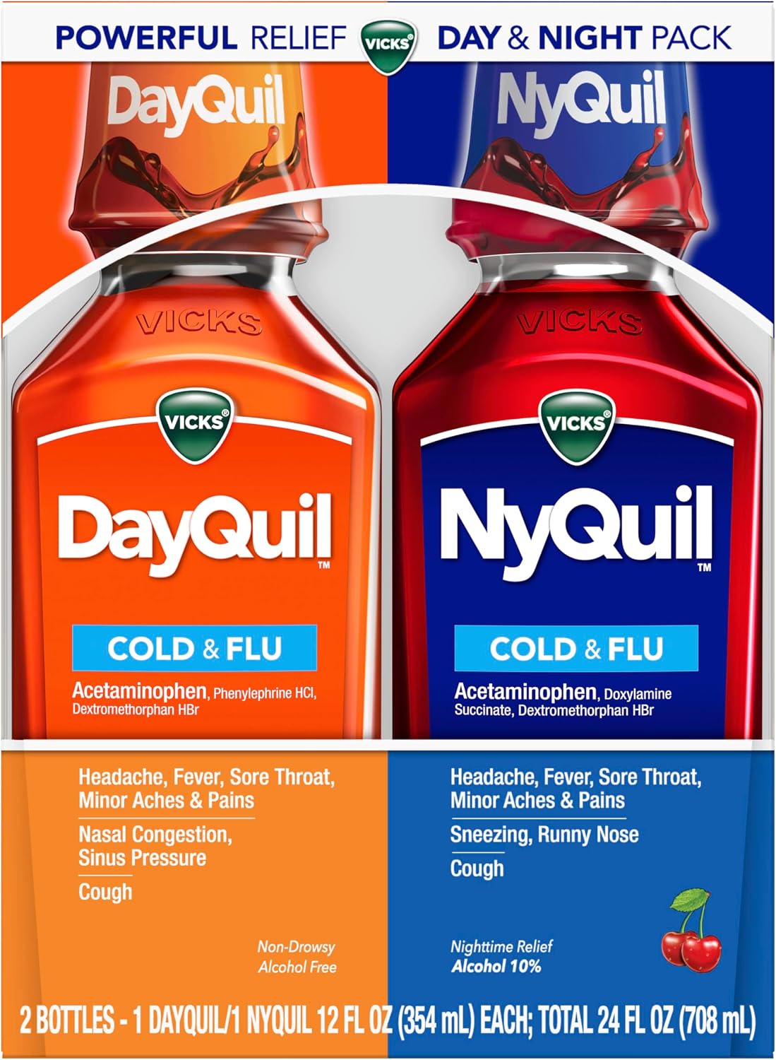 Vicks DayQuil and NyQuil Cherry Cold and Flu Relief Cherry-Flavored Liquid Medicine, Cherry Flavored, Combo Pack, 2 x 12 FL OZ Bottles