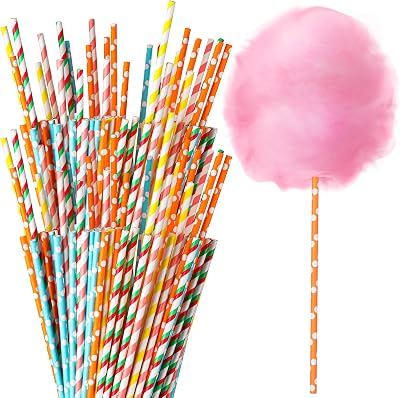 Reallnaive 200 Pieces Cotton Candy Cones 13.8 Inch Cotton Candy Holder Stick Random Color Paper Straw Cones Colorful Sticks for Birthday Wedding Holiday PartyBright Color