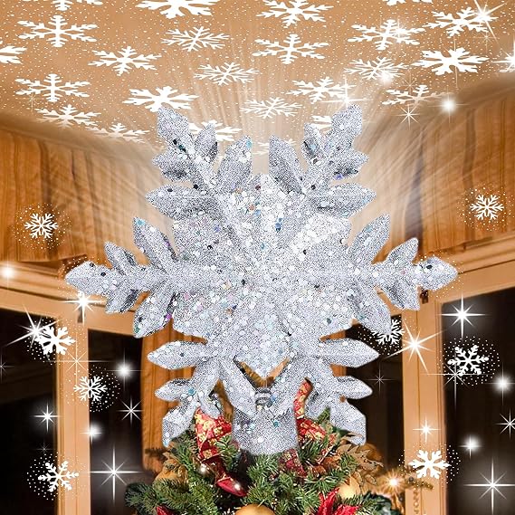 YIJXPOIN Christmas Tree Topper Lighted, Christmas Star Tree Topper LED Rotating Lights, 3D Silver Snowflake Star Tree Top Glitter Projector for Indoor Xmas Party Holiday Decorations