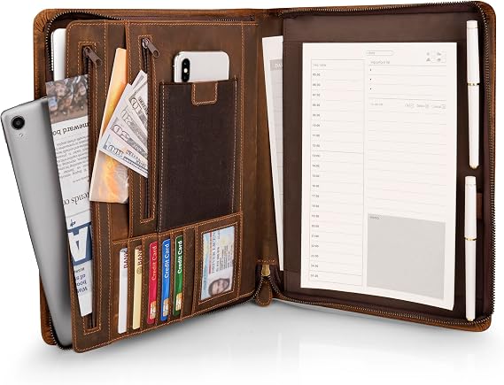 Full Grain Leather Portfolio A4, Premium Conference Folder with Zipper, Multi-Function Business Organizer & Padfolio for Men and Women, Professional Executive Gift - Brown