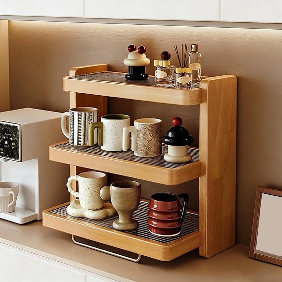 Wood Coffee Station Organizer, Mug Holder Countertop, Kitchen Counter Shelf for Tea Coffee Bar Accessories, Desktop Storage Rack for Kitchen, Dining Room, Coffee Bar,Natural,20.5x7.9x15.7
