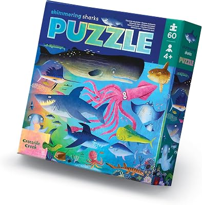 Crocodile Creek 60-Piece Holographic Foil Floor Puzzle for Kids Ages 4-8 and Up - Heavy-Duty Box for Storage - Shimmering Sharks - 14 x 19 Finished