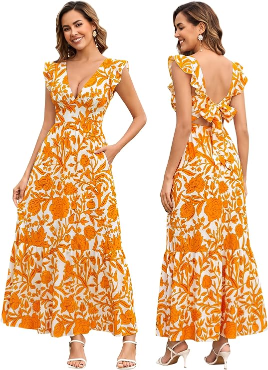 HTZMO Floral Wedding Guest Bow Tie Summer Maxi Dresses for Women