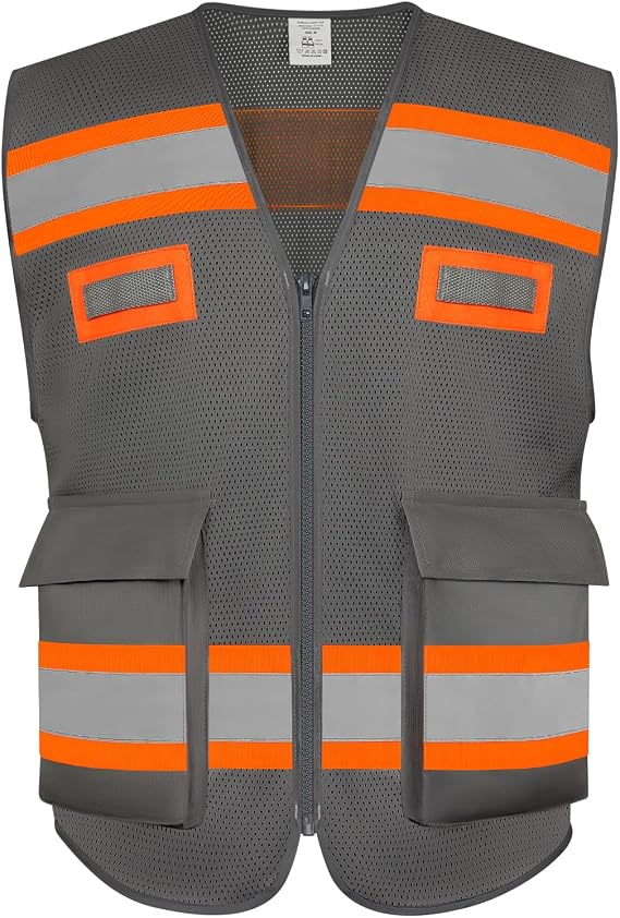 TCCFCCT Safety Vest 2 Pocket Mesh Reflective Vest with Zipper, Grey S