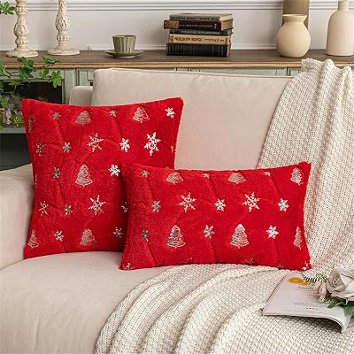 Set of 2 Christmas Decorative Throw Pillow Covers, Soft Faux Fur with Snowflake and Christmas Tree Design,Cushion Covers for Sofa and Living Room Holiday Decor17.7x17.7inch,Red Silver