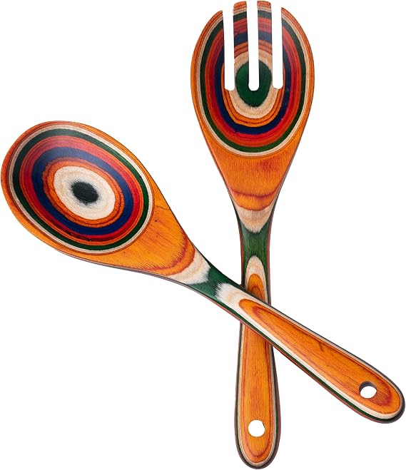 Pakkawood Salad Tongs,10.5 inch wooden Spoons, Serving utenstil colorful wood Salad Servers set, Kitchen cooking utensil set.