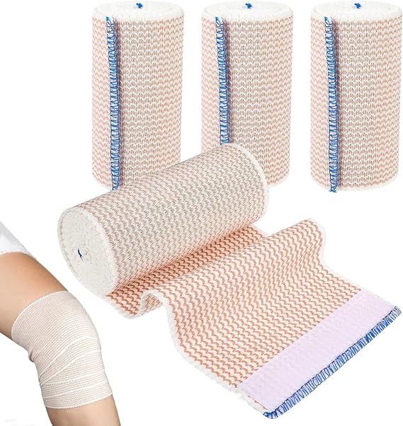 4 Pcs Premium Compression Bandage, Self-Closin Elastic Bandage Wrap (4.5m*10cm) Reusable with Self-Closures for Wrist Ankle Knee Elbow Shoulder Feet Injuries (Beige)