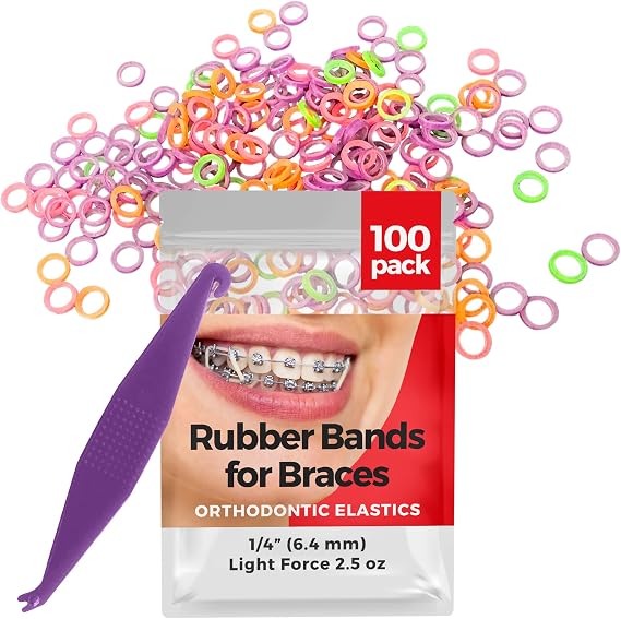 Orthodontic Rubber Bands for Braces, 1/4in Light, 100 Pack, Neon | Premium Elastics Teeth Rubber Bands for Braces, Fix Tooth Gaps, Dreadlocks, Hair Braids, Free Orthodontic Elastic Placer