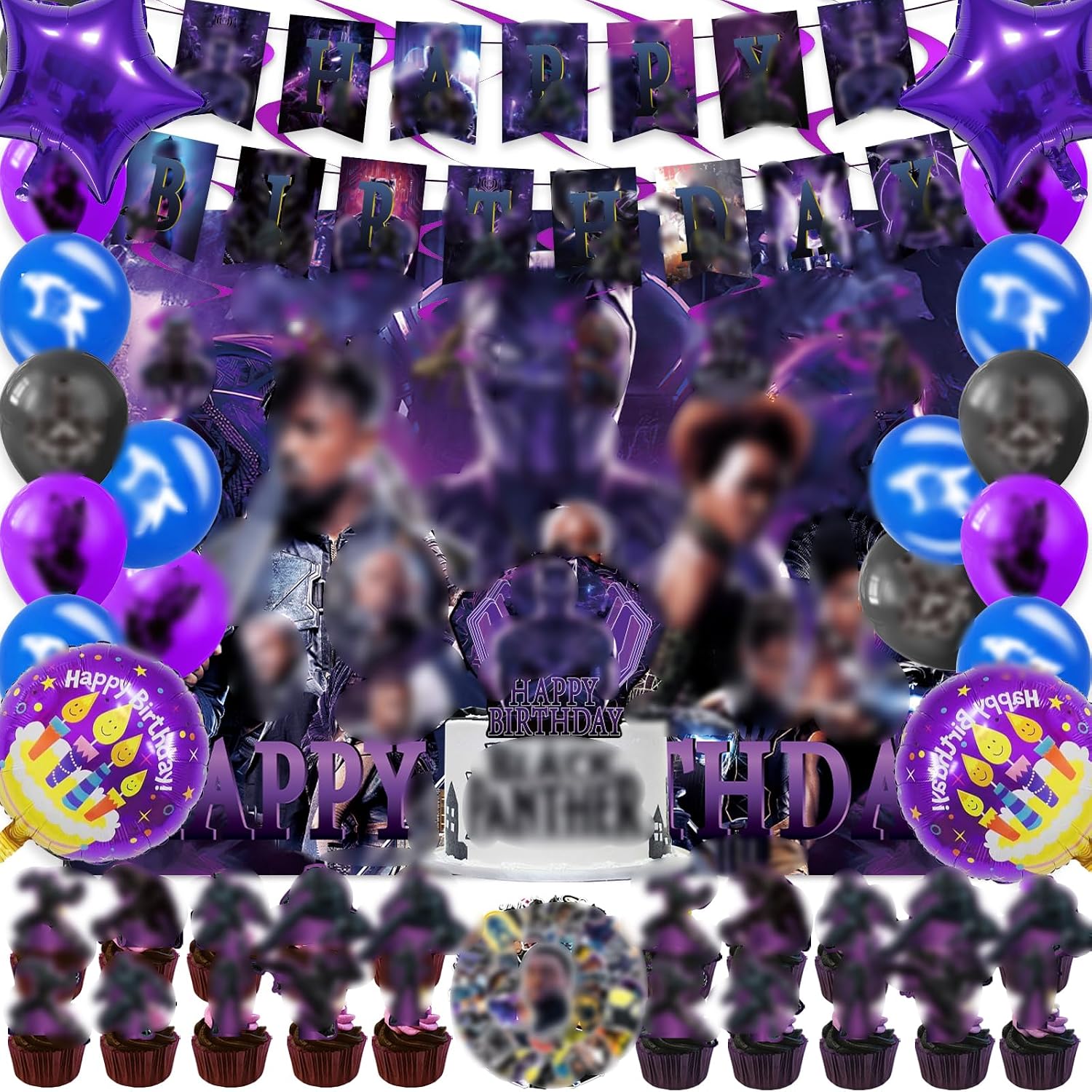 111 Pcs Panther of Black Party Decorations Including Happy Birthday Banner, Cake Topper, Cupcake Toppers, Latex Balloon, Foil Ballon, Hanging Swirls, Backdrop and Stickers for Birthday Party