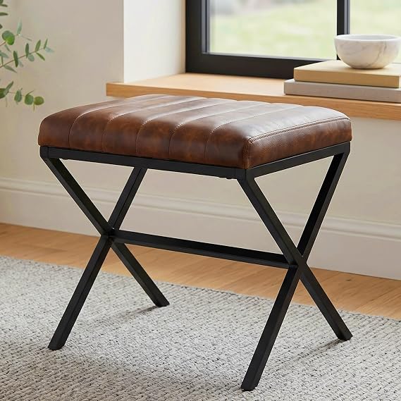 DUHOME Vanity Stool,Faux Leather Ottoman Chair for Vanity,Small Vanity Bench with Metal X Legs, Rectangle Vanity Seat Foot Rest Stool for Dressing Room, Living Room, Bathroom,Yellowish Brown