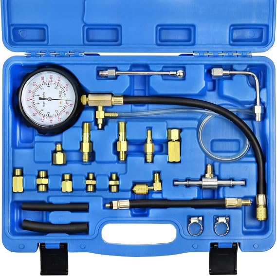 YSTOOL Fuel Pressure Tester Gauge Kit 140PSI Automotive Engine Injector Pump Test Gasoline Gas Injection Manometer Tool Set with Inline Fitting Schrader Adapter for Auto Car Motorcycle (Blue Case)