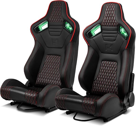 [Neon Racer] Pair of All Black PVC + Red Snake Pattern & Rear Carbon Fiber Style leather Reclinable Racing Seats W/Sliders