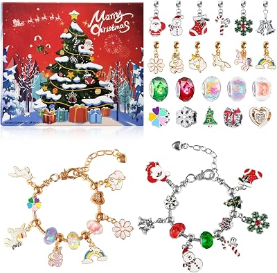 Christmas Advent Calendar Bracelets 2026 for Girls, 24 Days DIY Christmas&Unicorn Jewelry Making Kit with 22 Charm Beads and 2 Adjustable Bracelets, Christmas Gifts for Girls