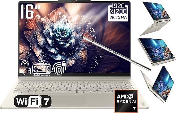 Lenovo Yoga 7 2-in-1 Laptop, 16" 2K LCD Touchscreen, AMD 8-Core Ryzen AI 7 350(>Intel i7-1355U), AI Copilot, 16GB LPDDR5X, 2TB SSD, WiFi 7, Backlit KB, Fingerprint, FHD Webcam, W/Stylus, Win 11 Home