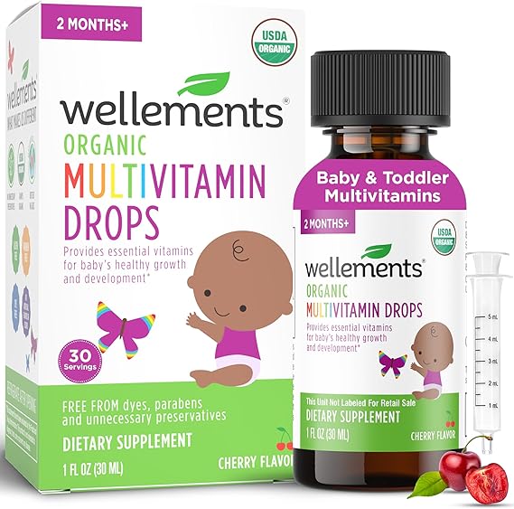 Organic Liquid Baby Multivitamin Drops Cherry Flavor (1 Fl Oz) 2 Months+ | Multivitamins Drops for Infants & Toddlers - Toddler Vitamins for Immune Support*, Healthy Growth & Bone Development*