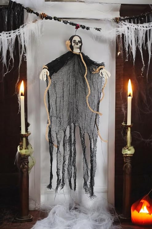 Cadılar Bayramı Kuru Kafa İskelet Figürlü Asılabilir Halloween Parti Dekoru Siyah 75 cm