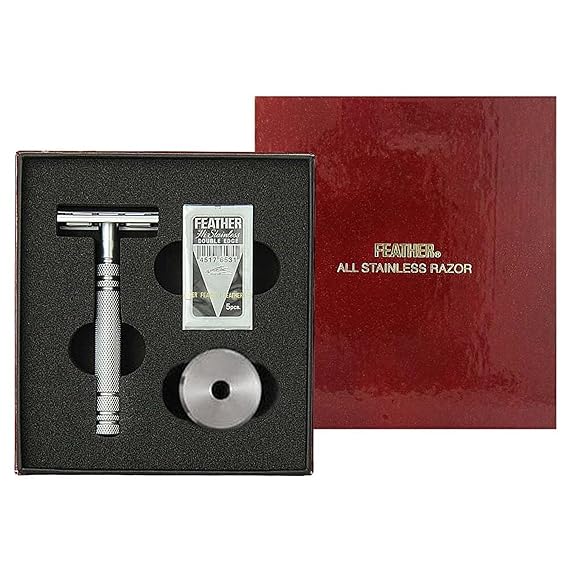 Feather All Stainless Steel Double Edge Safety Razor with Stand & 5 Blades